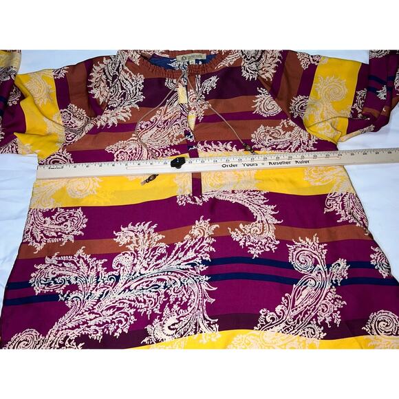 Democracy Top Tunic Plus Size 1X Paisley Multicolored Striped Shirt Tie Beads - Picture 6 of 11